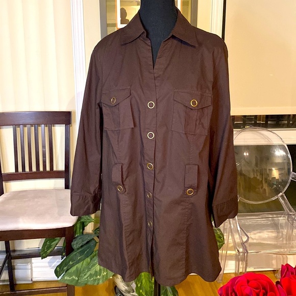 Y2K Bandolino stretch  brown jacket w/ antique brass snaps, belt loops (no belt) - Picture 3 of 12